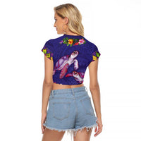 Hawaiian Lei Turtle and Plumeria Raglan Cropped T Shirt Polynerian Art Tattoo-Navy Color