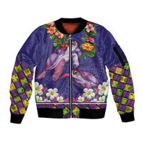 Hawaiian Lei Turtle and Plumeria Sleeve Zip Bomber Jacket Polynerian Art Tattoo-Navy Color LT03 Unisex Navy - Polynesian Pride