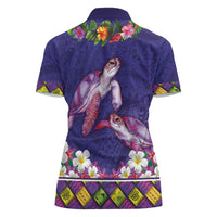 Hawaiian Lei Turtle and Plumeria Women Polo Shirt Polynerian Art Tattoo-Navy Color LT03 - Polynesian Pride