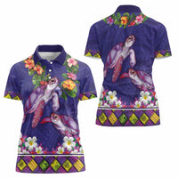 Hawaiian Lei Turtle and Plumeria Women Polo Shirt Polynerian Art Tattoo-Navy Color LT03 - Polynesian Pride