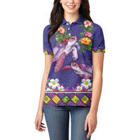 Hawaiian Lei Turtle and Plumeria Women Polo Shirt Polynerian Art Tattoo-Navy Color LT03 - Polynesian Pride