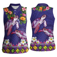 Hawaiian Lei Turtle and Plumeria Women Sleeveless Polo Shirt Polynerian Art Tattoo-Navy Color LT03 - Polynesian Pride