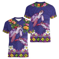 Hawaiian Lei Turtle and Plumeria Women V-Neck T-Shirt Polynerian Art Tattoo-Navy Color LT03 - Polynesian Pride