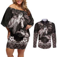 Hawaiian Lei Turtle and Plumeria Couples Matching Off Shoulder Short Dress and Long Sleeve Button Shirt Polynerian Art Tattoo-Grayscale Mode