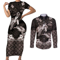 Hawaiian Lei Turtle and Plumeria Couples Matching Short Sleeve Bodycon Dress and Long Sleeve Button Shirt Polynerian Art Tattoo-Grayscale Mode