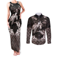 Hawaiian Lei Turtle and Plumeria Couples Matching Tank Maxi Dress and Long Sleeve Button Shirt Polynerian Art Tattoo-Grayscale Mode