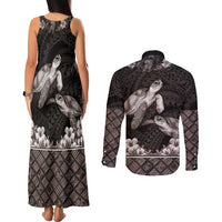Hawaiian Lei Turtle and Plumeria Couples Matching Tank Maxi Dress and Long Sleeve Button Shirt Polynerian Art Tattoo-Grayscale Mode