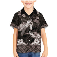Hawaiian Lei Turtle and Plumeria Family Matching Mermaid Dress and Hawaiian Shirt Polynerian Art Tattoo-Grayscale Mode LT03 Son's Shirt Black - Polynesian Pride