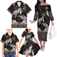 Hawaiian Lei Turtle and Plumeria Family Matching Off The Shoulder Long Sleeve Dress and Hawaiian Shirt Polynerian Art Tattoo-Grayscale Mode