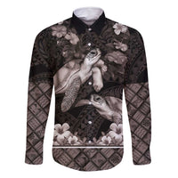 Hawaiian Lei Turtle and Plumeria Family Matching Off Shoulder Maxi Dress and Hawaiian Shirt Polynerian Art Tattoo-Grayscale Mode LT03 Dad's Shirt - Long Sleeve Black - Polynesian Pride