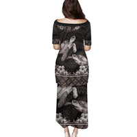 Hawaiian Lei Turtle and Plumeria Family Matching Puletasi and Hawaiian Shirt Polynerian Art Tattoo-Grayscale Mode LT03 - Polynesian Pride