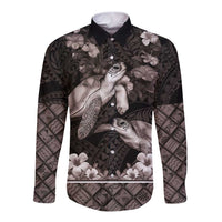 Hawaiian Lei Turtle and Plumeria Long Sleeve Button Shirt Polynerian Art Tattoo-Grayscale Mode LT03 Unisex Black - Polynesian Pride