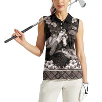 Hawaiian Lei Turtle and Plumeria Women Sleeveless Polo Shirt Polynerian Art Tattoo-Grayscale Mode LT03 - Polynesian Pride