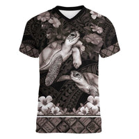 Hawaiian Lei Turtle and Plumeria Women V-Neck T-Shirt Polynerian Art Tattoo-Grayscale Mode LT03 Female Black - Polynesian Pride