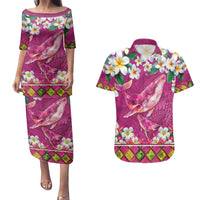 Hawaiian Plumeria and Humpback Whales Couples Matching Puletasi and Hawaiian Shirt Polynerian Art Tattoo-Plum Pink Color LT03 Pink - Polynesian Pride