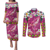 Hawaiian Plumeria and Humpback Whales Couples Matching Puletasi and Long Sleeve Button Shirt Polynerian Art Tattoo-Plum Pink Color LT03 Pink - Polynesian Pride