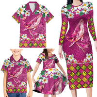 Hawaiian Plumeria and Humpback Whales Family Matching Long Sleeve Bodycon Dress and Hawaiian Shirt Polynerian Art Tattoo-Plum Pink Color