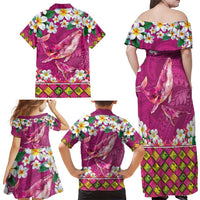 Hawaiian Plumeria and Humpback Whales Family Matching Off Shoulder Maxi Dress and Hawaiian Shirt Polynerian Art Tattoo-Plum Pink Color LT03 - Polynesian Pride