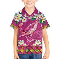 Hawaiian Plumeria and Humpback Whales Family Matching Off Shoulder Maxi Dress and Hawaiian Shirt Polynerian Art Tattoo-Plum Pink Color LT03 Son's Shirt Pink - Polynesian Pride