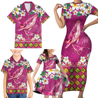 Hawaiian Plumeria and Humpback Whales Family Matching Short Sleeve Bodycon Dress and Hawaiian Shirt Polynerian Art Tattoo-Plum Pink Color