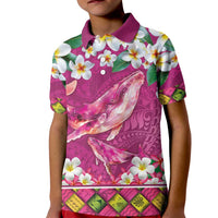 Hawaiian Plumeria and Humpback Whales Kid Polo Shirt Polynerian Art Tattoo-Plum Pink Color LT03 Kid Pink - Polynesian Pride