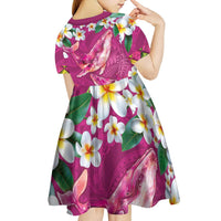Hawaiian Plumeria and Humpback Whales Kid Short Sleeve Dress Polynerian Art Tattoo-Plum Pink Color LT03 - Polynesian Pride