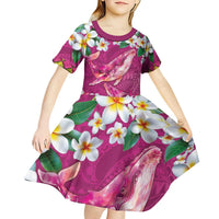 Hawaiian Plumeria and Humpback Whales Kid Short Sleeve Dress Polynerian Art Tattoo-Plum Pink Color LT03 - Polynesian Pride