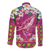 Hawaiian Plumeria and Humpback Whales Long Sleeve Button Shirt Polynerian Art Tattoo-Plum Pink Color LT03 - Polynesian Pride
