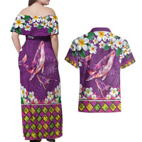 Hawaiian Plumeria and Humpback Whales Couples Matching Off Shoulder Maxi Dress and Hawaiian Shirt Polynerian Art Tattoo-Mauve Color