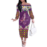 Hawaiian Plumeria and Humpback Whales Family Matching Off The Shoulder Long Sleeve Dress and Hawaiian Shirt Polynerian Art Tattoo-Mauve Color