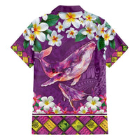 Hawaiian Plumeria and Humpback Whales Family Matching Off Shoulder Short Dress and Hawaiian Shirt Polynerian Art Tattoo-Mauve Color