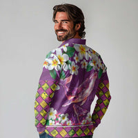Hawaiian Plumeria and Humpback Whales Long Sleeve Polo Shirt Polynerian Art Tattoo-Mauve Color LT03 - Polynesian Pride