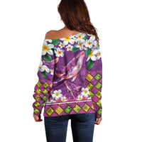 Hawaiian Plumeria and Humpback Whales Off Shoulder Sweater Polynerian Art Tattoo-Mauve Color LT03 - Polynesian Pride
