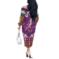 Hawaiian Plumeria and Humpback Whales Off The Shoulder Long Sleeve Dress Polynerian Art Tattoo-Mauve Color LT03 - Polynesian Pride