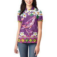 Hawaiian Plumeria and Humpback Whales Women Polo Shirt Polynerian Art Tattoo-Mauve Color LT03 - Polynesian Pride