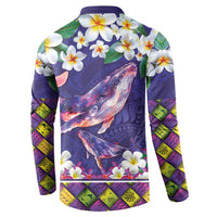 Hawaiian Plumeria and Humpback Whales Button Sweatshirt Polynerian Art Tattoo-Navy Color