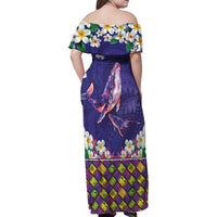 Hawaiian Plumeria and Humpback Whales Family Matching Off Shoulder Maxi Dress and Hawaiian Shirt Polynerian Art Tattoo-Navy Color LT03 - Polynesian Pride