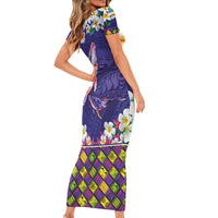 Hawaiian Plumeria and Humpback Whales Family Matching Short Sleeve Bodycon Dress and Hawaiian Shirt Polynerian Art Tattoo-Navy Color