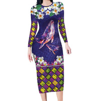 Hawaiian Plumeria and Humpback Whales Long Sleeve Bodycon Dress Polynerian Art Tattoo-Navy Color LT03 Long Dress Navy - Polynesian Pride