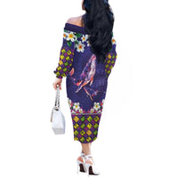 Hawaiian Plumeria and Humpback Whales Off The Shoulder Long Sleeve Dress Polynerian Art Tattoo-Navy Color LT03 - Polynesian Pride