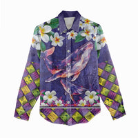 Hawaiian Plumeria and Humpback Whales Women Casual Shirt Polynerian Art Tattoo-Navy Color LT03 - Polynesian Pride