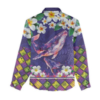 Hawaiian Plumeria and Humpback Whales Women Casual Shirt Polynerian Art Tattoo-Navy Color LT03 - Polynesian Pride