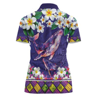 Hawaiian Plumeria and Humpback Whales Women Polo Shirt Polynerian Art Tattoo-Navy Color LT03 - Polynesian Pride
