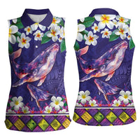Hawaiian Plumeria and Humpback Whales Women Sleeveless Polo Shirt Polynerian Art Tattoo-Navy Color LT03 - Polynesian Pride
