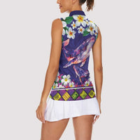 Hawaiian Plumeria and Humpback Whales Women Sleeveless Polo Shirt Polynerian Art Tattoo-Navy Color LT03 - Polynesian Pride