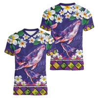 Hawaiian Plumeria and Humpback Whales Women V-Neck T-Shirt Polynerian Art Tattoo-Navy Color LT03 - Polynesian Pride