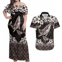 Hawaiian Plumeria and Humpback Whales Couples Matching Off Shoulder Maxi Dress and Hawaiian Shirt Polynerian Art Tattoo-Grayscale Mode