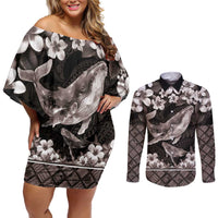 Hawaiian Plumeria and Humpback Whales Couples Matching Off Shoulder Short Dress and Long Sleeve Button Shirt Polynerian Art Tattoo-Grayscale Mode