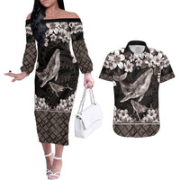 Hawaiian Plumeria and Humpback Whales Couples Matching Off The Shoulder Long Sleeve Dress and Hawaiian Shirt Polynerian Art Tattoo-Grayscale Mode