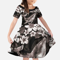 Hawaiian Plumeria and Humpback Whales Family Matching Mermaid Dress and Hawaiian Shirt Polynerian Art Tattoo-Grayscale Mode LT03 Daughter's Dress Black - Polynesian Pride